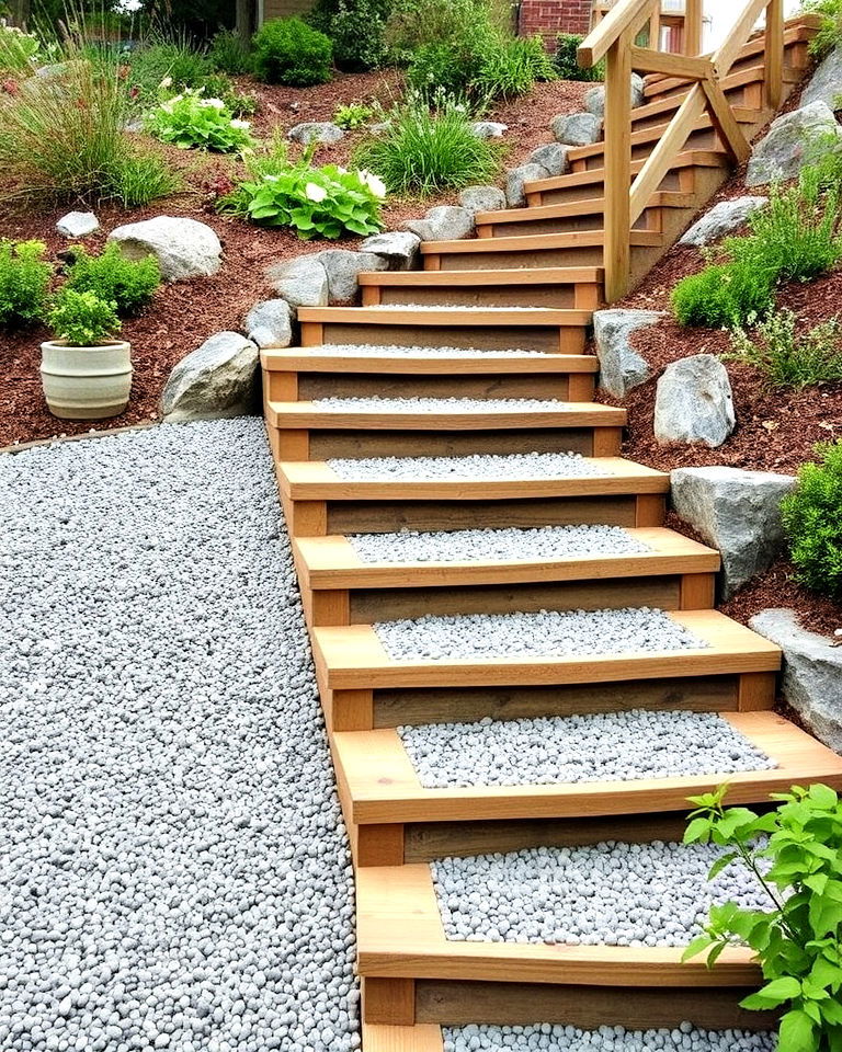 rustic gravel and timber steps - 20 Garden Stairs Ideas