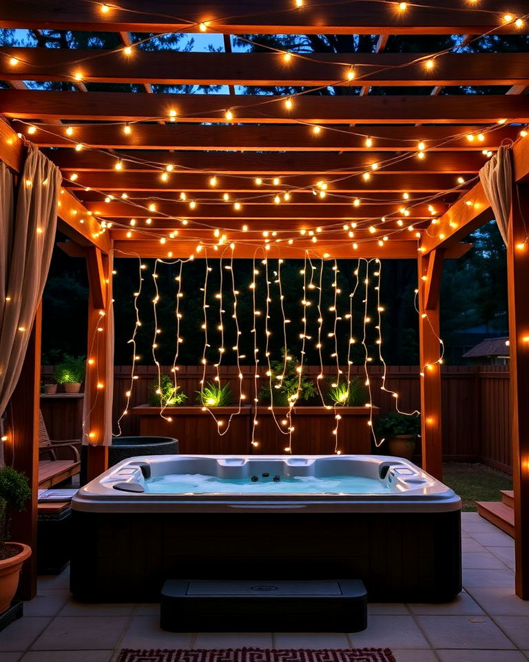 rustic hot tub pergola with fairy lights - 15 Hot Tub Pergola Ideas