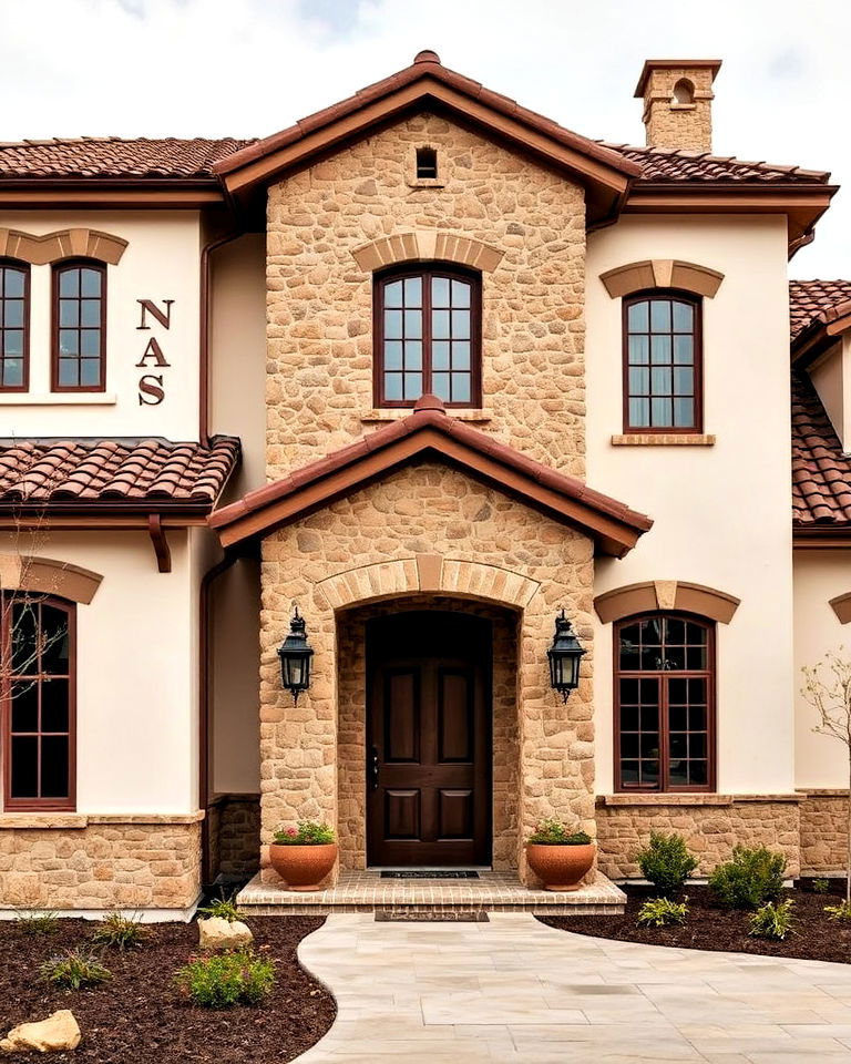 rustic house exterior with brown stone and cream stucco - 20 Cream and Brown House Exterior Ideas