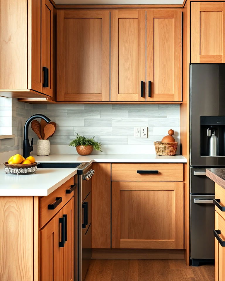 rustic kitchen black hardware on natural wood cabinetry - 25 Modern Rustic Kitchen Ideas