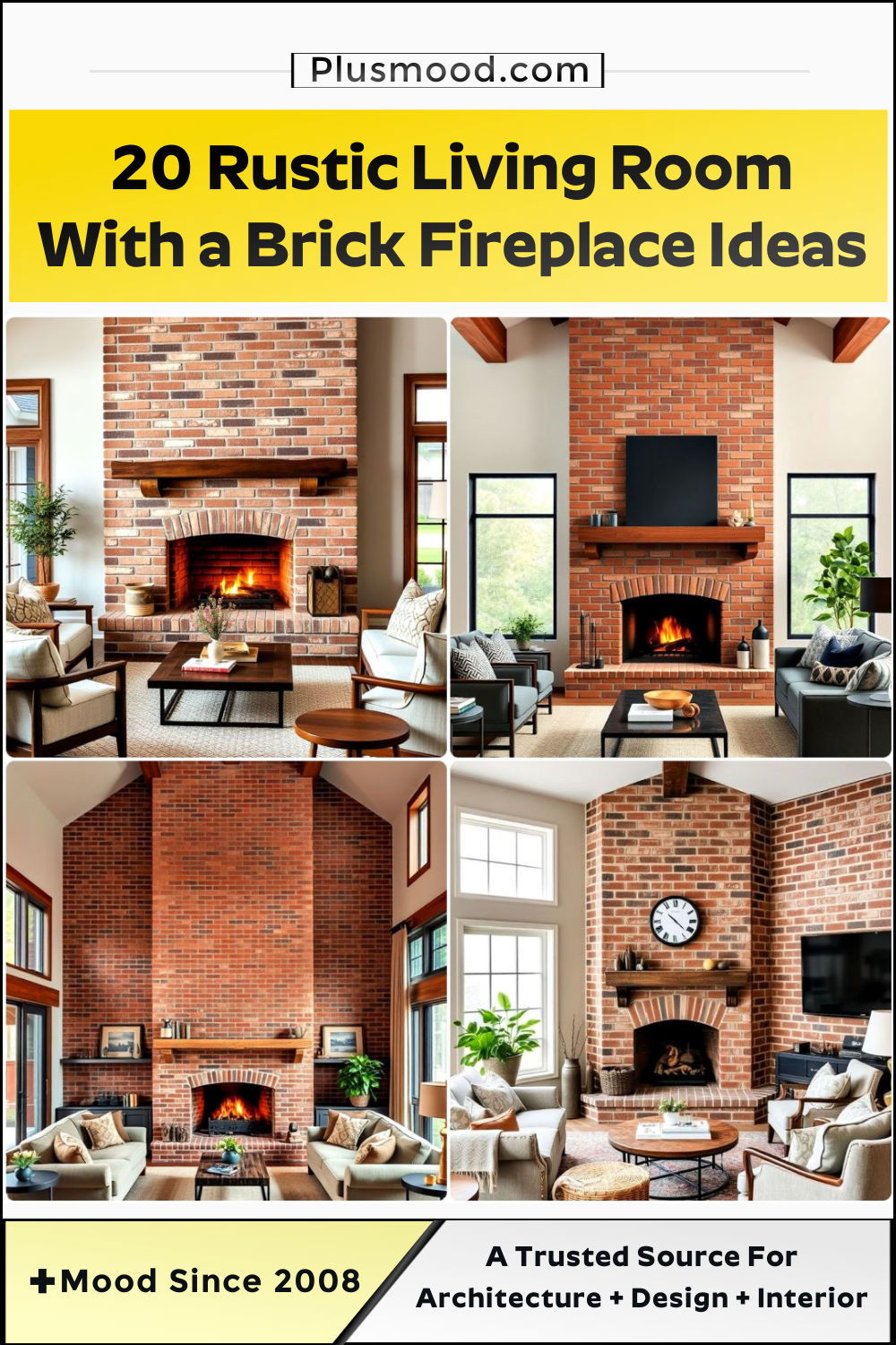 rustic living room with a brick fireplace