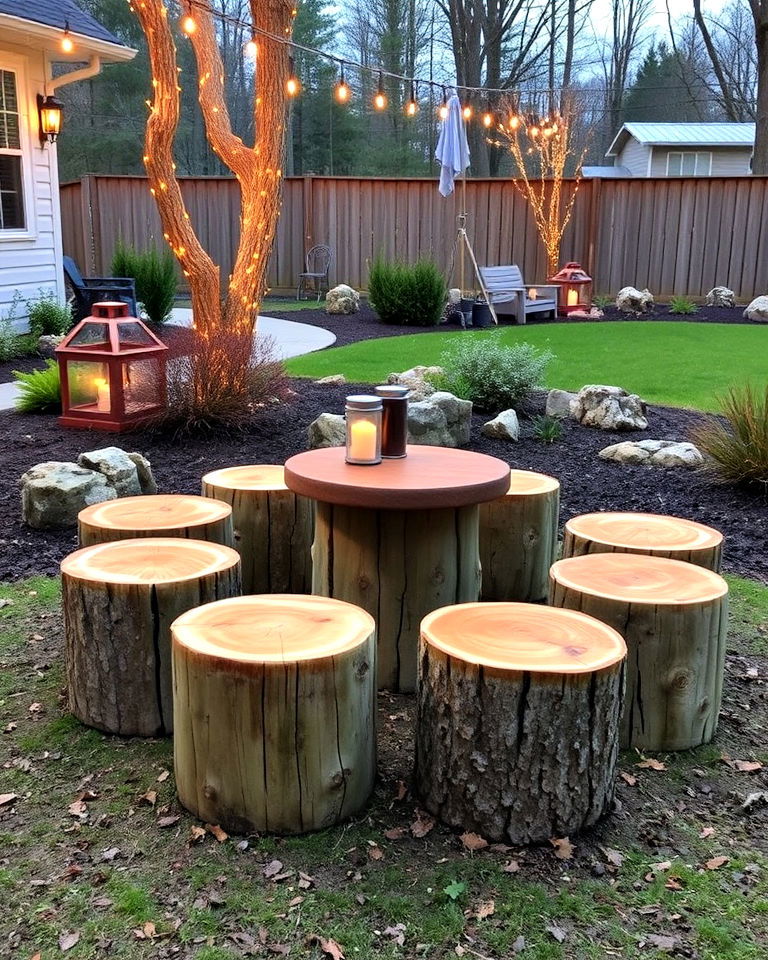 rustic log stools around a table - 25 Front Yard Sitting Area Ideas