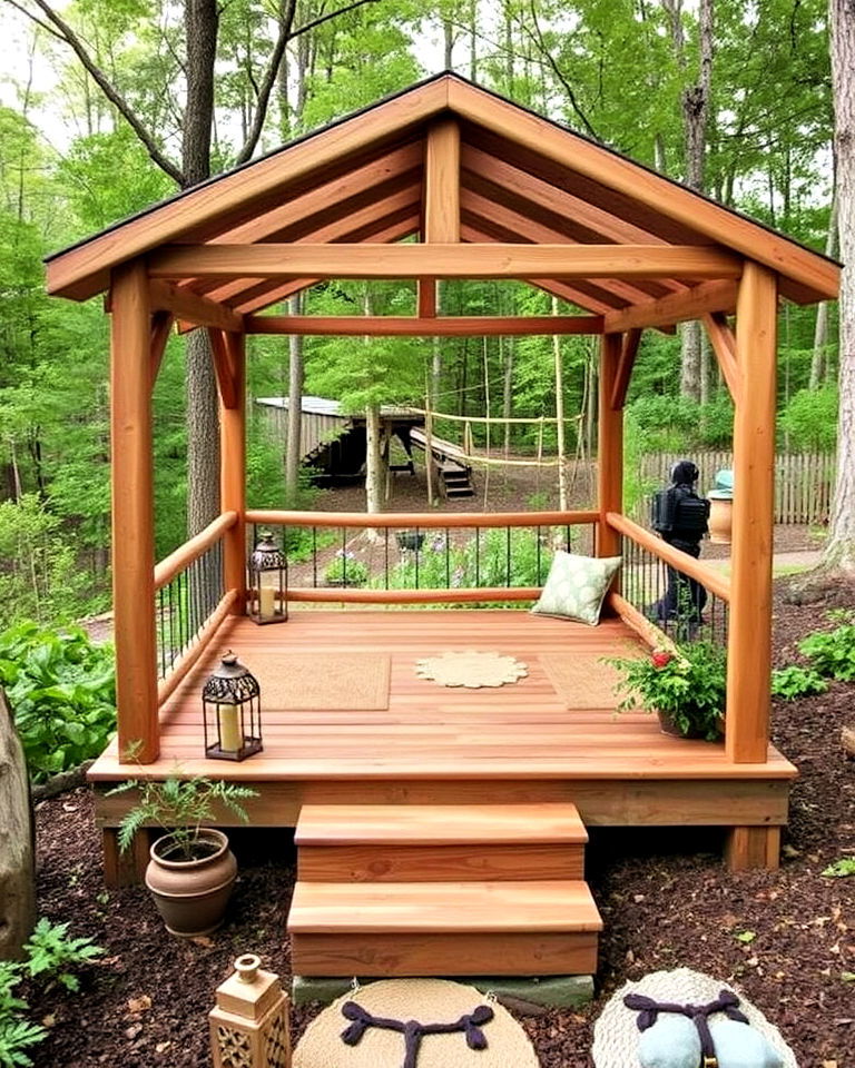 rustic meditation deck in a forest setting - 15 Meditation Garden Ideas