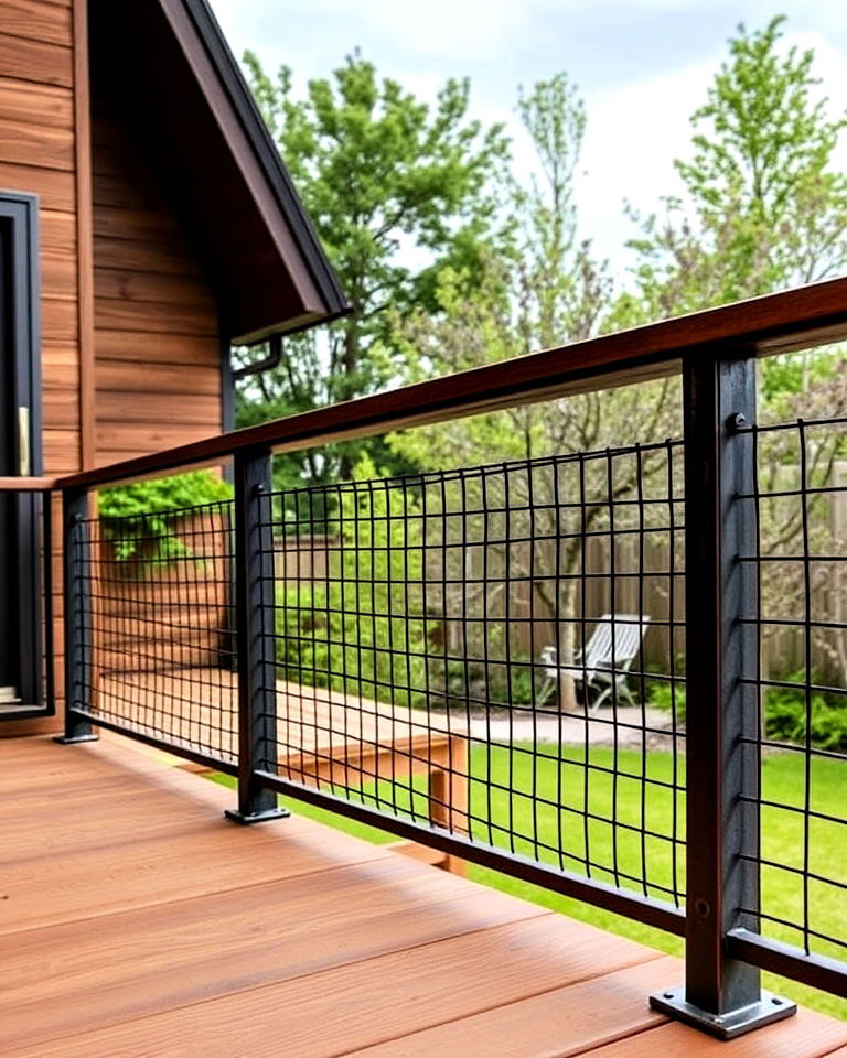 rustic metal finish hog wire panels deck railing - 15 Hog Wire Deck Railing Ideas