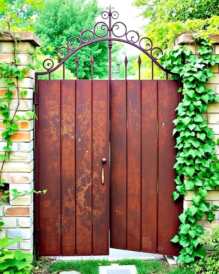 rustic metal gate with natural patina - 20 Metal Garden Gate Ideas