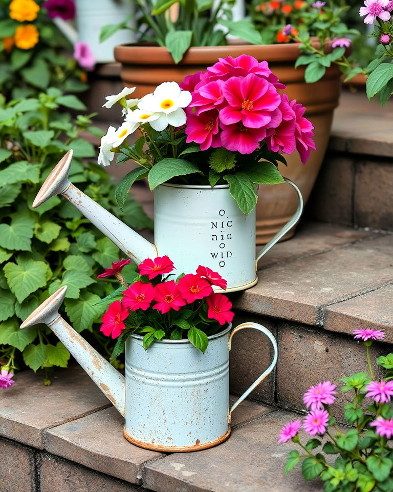 rustic metal watering cans as planters - 20 Vintage Garden Ideas