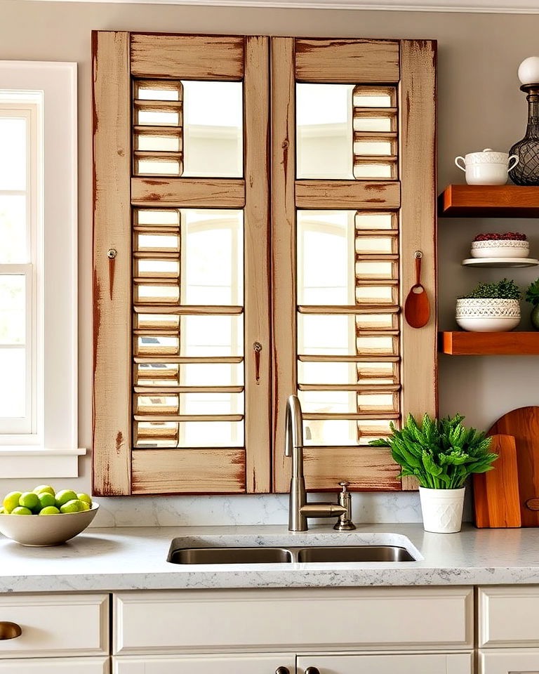 rustic mirrored shutters for farmhouse charm - 25 Mirrored Backsplash Kitchen Ideas