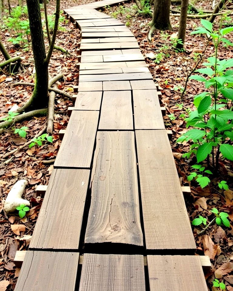 rustic plank woodland walkway - 15 Woodland Garden Path Ideas