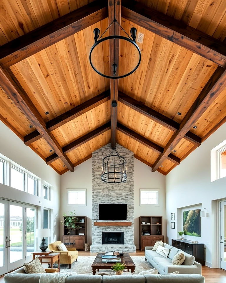 rustic plywood ceiling with exposed beams - 20 Plywood Ceiling Ideas