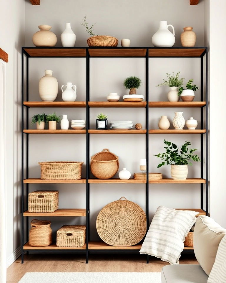 rustic scandinavian open shelving with natural decor - 20 Rustic Scandinavian Living Room Ideas