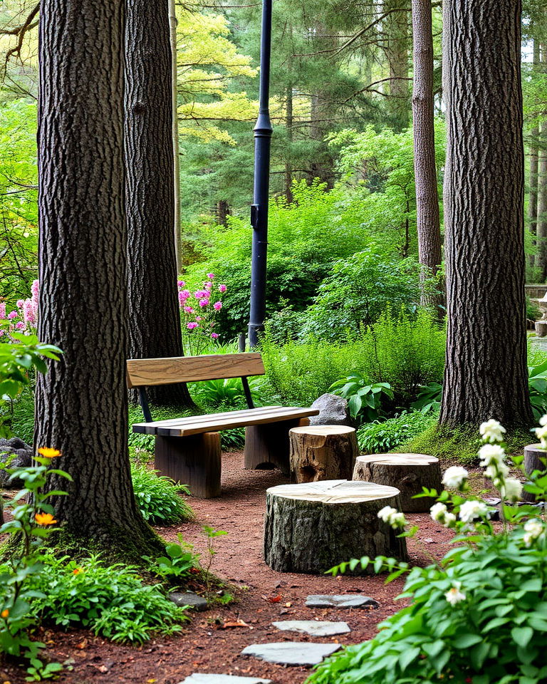 rustic seating area - 15 Woodland Garden Ideas