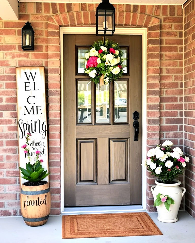 rustic spring wooden sign - 15 Spring Front Door Decor Ideas