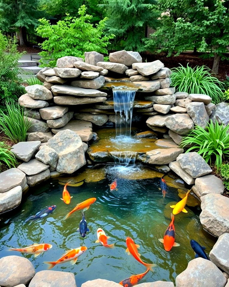rustic stone waterfall with koi pond - 15 Koi Pond Ideas With Waterfall