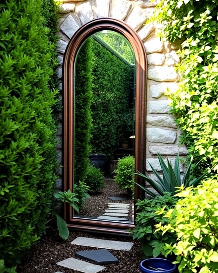 rustic style mirror for illusion - 40 Secret Garden Ideas