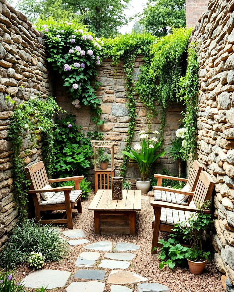 rustic sunken garden with stone walls - 15 Sunken Garden Ideas