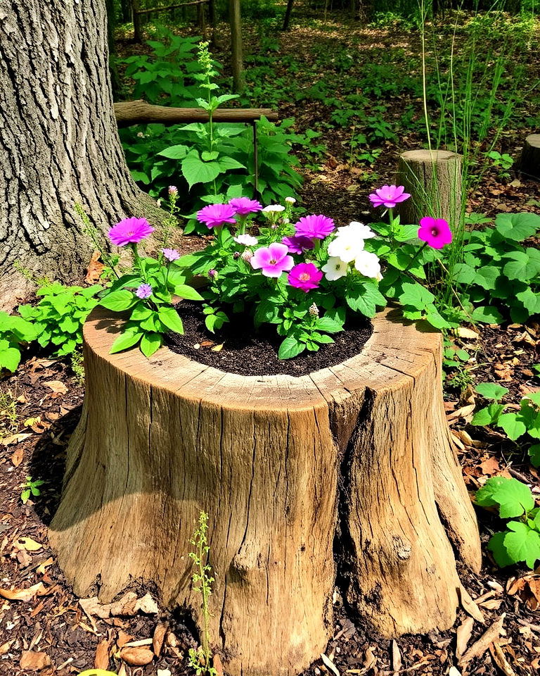 rustic tree stumps as planters - 15 Woodland Garden Ideas