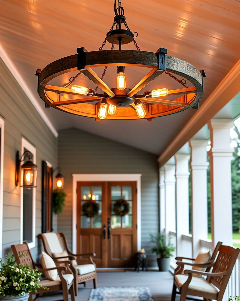 rustic wagon wheel chandelier - 15 Front Porch Chandelier Ideas