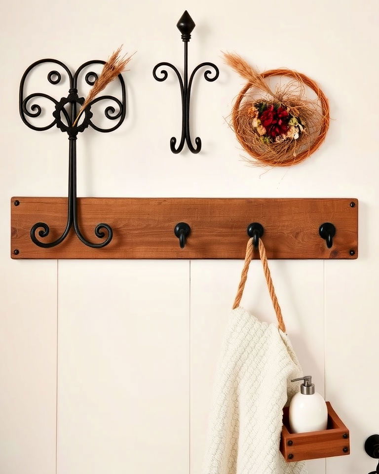 rustic wall hooks and accessories - 25 Small Rustic Bathroom Ideas