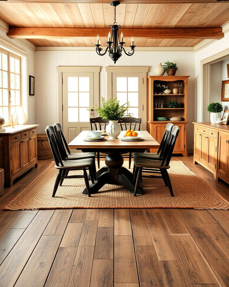 rustic warm wooden flooring - 40 Cottagecore Dining Room Ideas