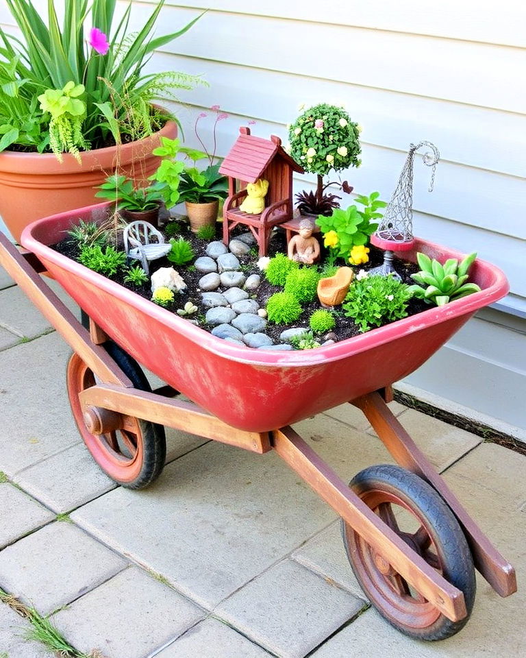 rustic wheelbarrow wonderland - 20 Fairy Garden Container Ideas
