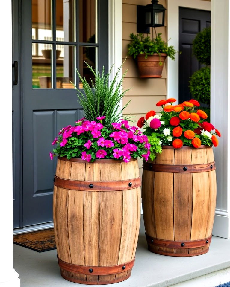 rustic wooden barrel planters to any front porch - 20 Tall Planters for Front Porch