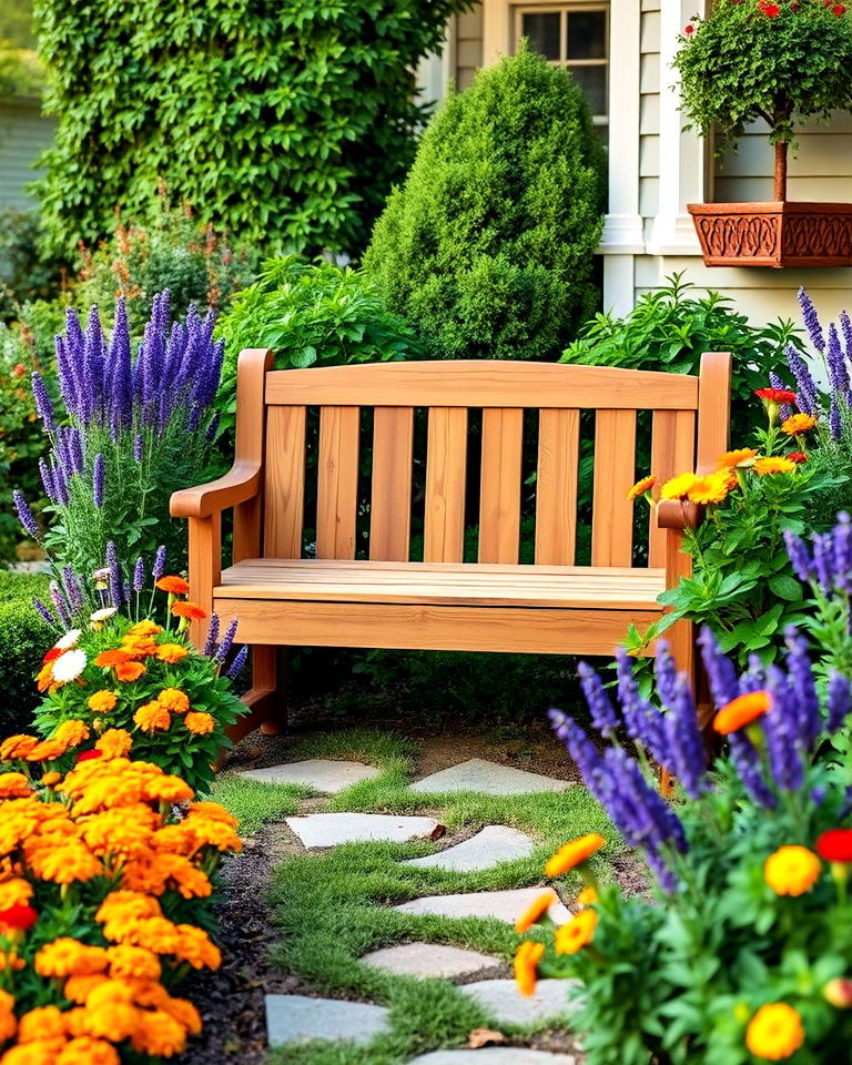 rustic wooden benches with flower beds - 25 Front Yard Sitting Area Ideas
