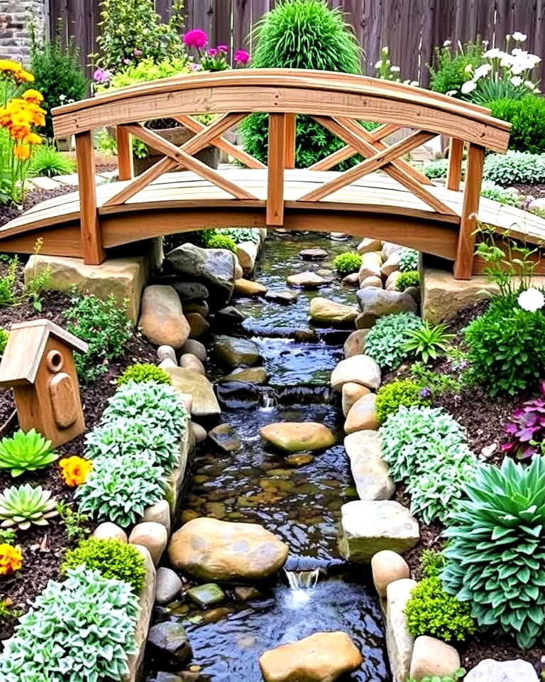 rustic wooden bridge over stream - 25 Small Garden Stream Ideas
