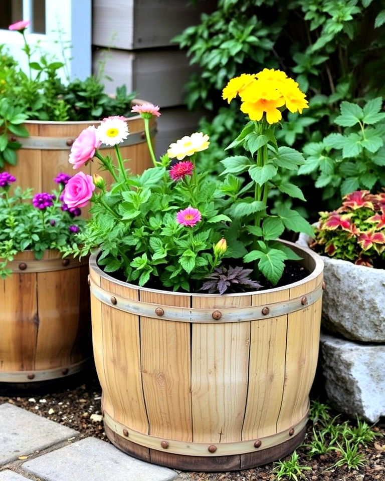 rustic wooden bucket garden - 15 Bucket Garden Ideas