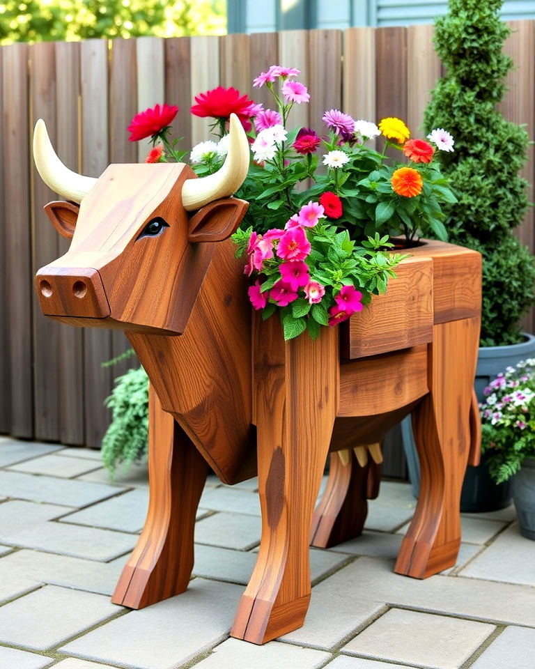 rustic wooden cow planters for farmhouse style decor - 15 Cow Planter Pot Ideas