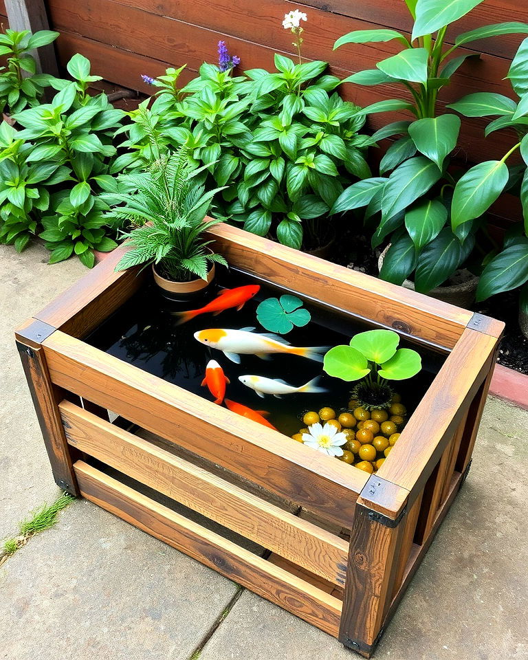 rustic wooden crate pond - 15 Container Fish Pond Ideas
