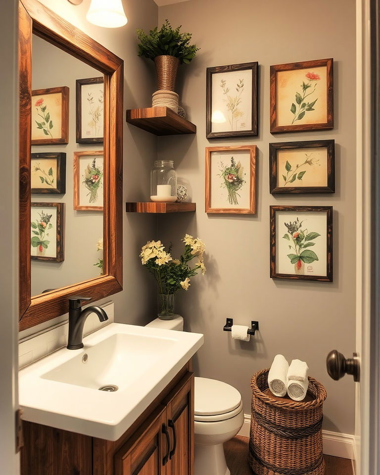 rustic wooden framed art for bathroom - 25 Small Rustic Bathroom Ideas