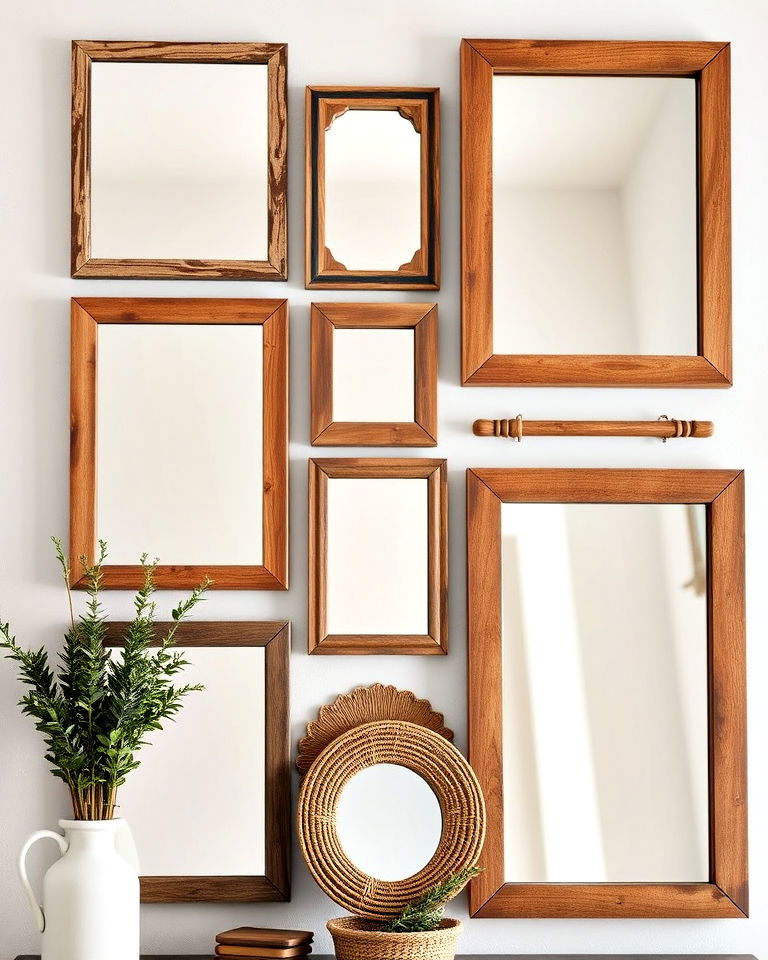 rustic wooden frames for a cozy and natural gallery wall - 25 Mirror Gallery Wall Ideas