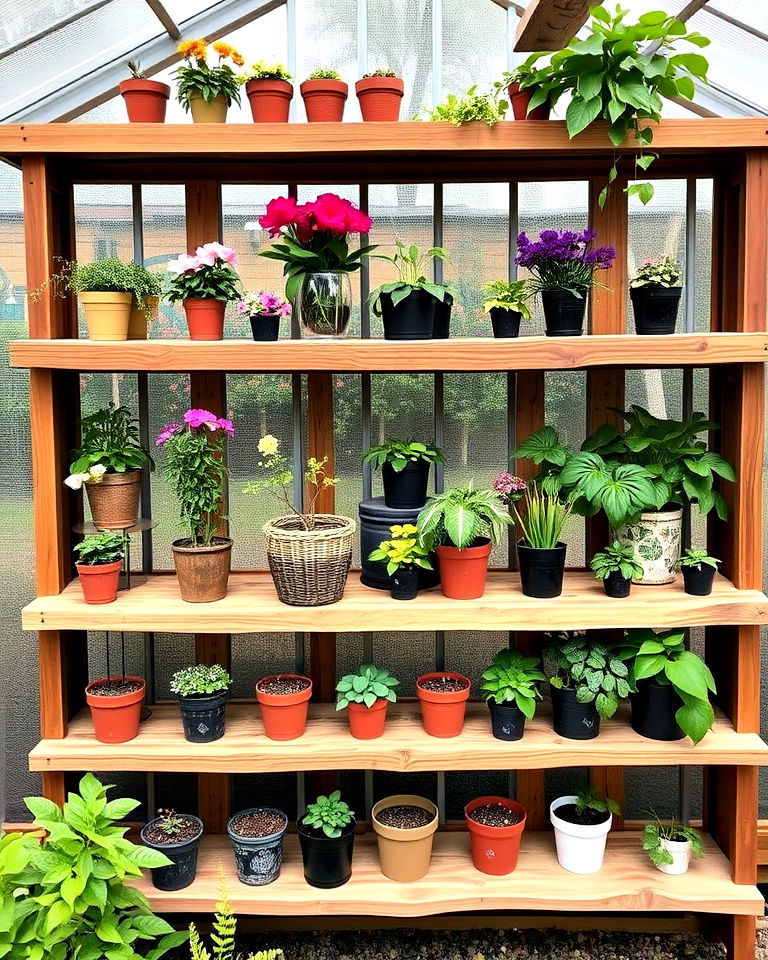 rustic wooden greenhouse shelves - 25 Greenhouse Shelving Ideas