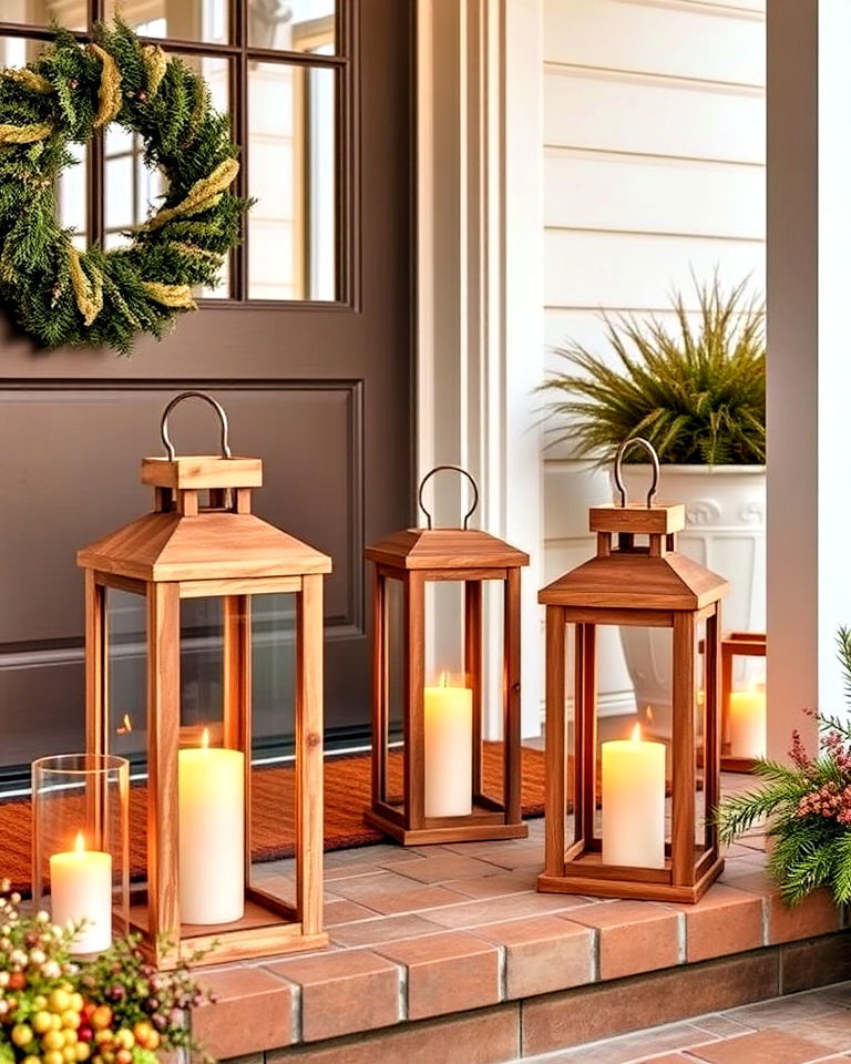rustic wooden lanterns with flickering candles - 15 Lanterns on Front Porch Ideas