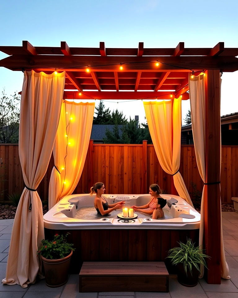 rustic wooden pergola with drapes - 15 Hot Tub Pergola Ideas