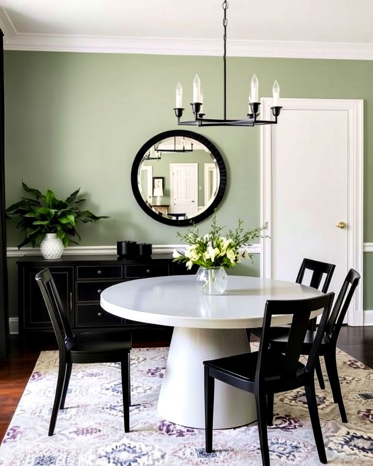 sage green and black contrast for dining room - 25 Sage Green Dining Room Ideas