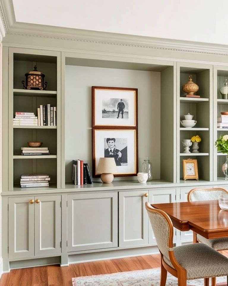 sage green built ins shelving for dining room - 25 Sage Green Dining Room Ideas