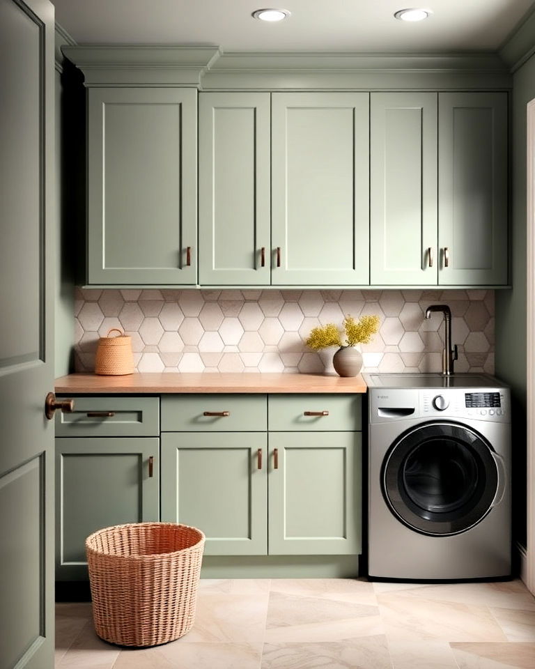 sage green laundry room cabinetry with matte finish - 20 Sage Green Laundry Room Ideas