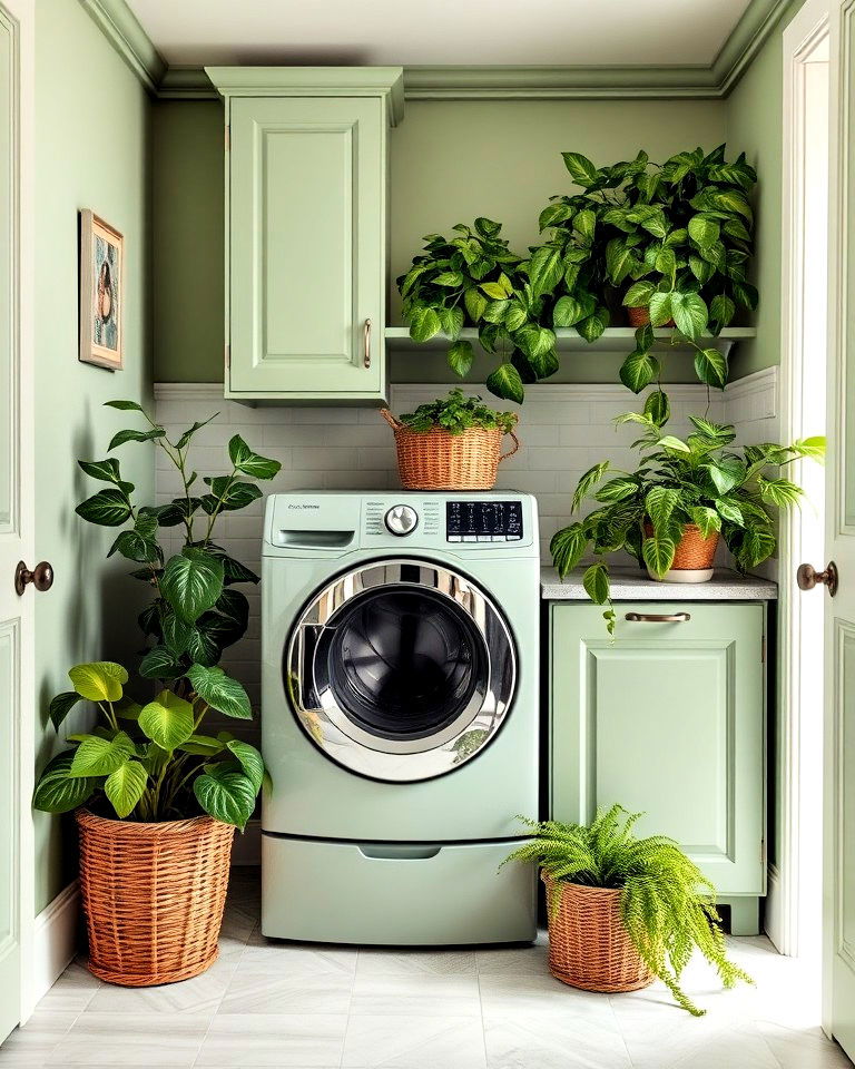 sage green laundry room with lush planters - 20 Sage Green Laundry Room Ideas
