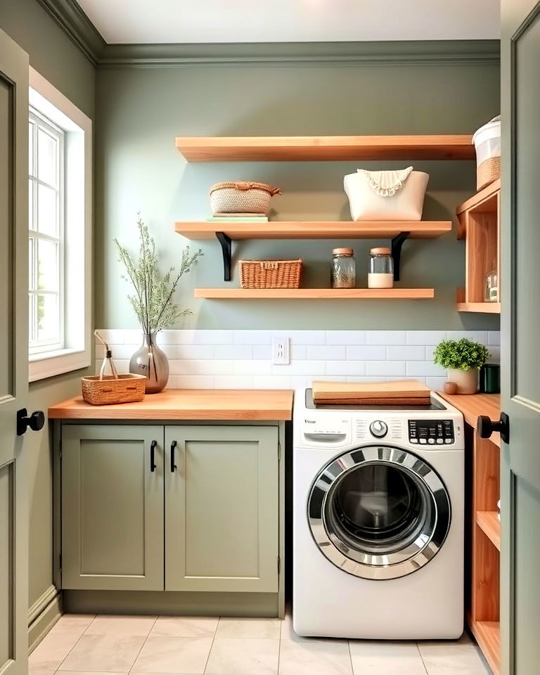 sage green laundry room with mix wood tones - 20 Sage Green Laundry Room Ideas