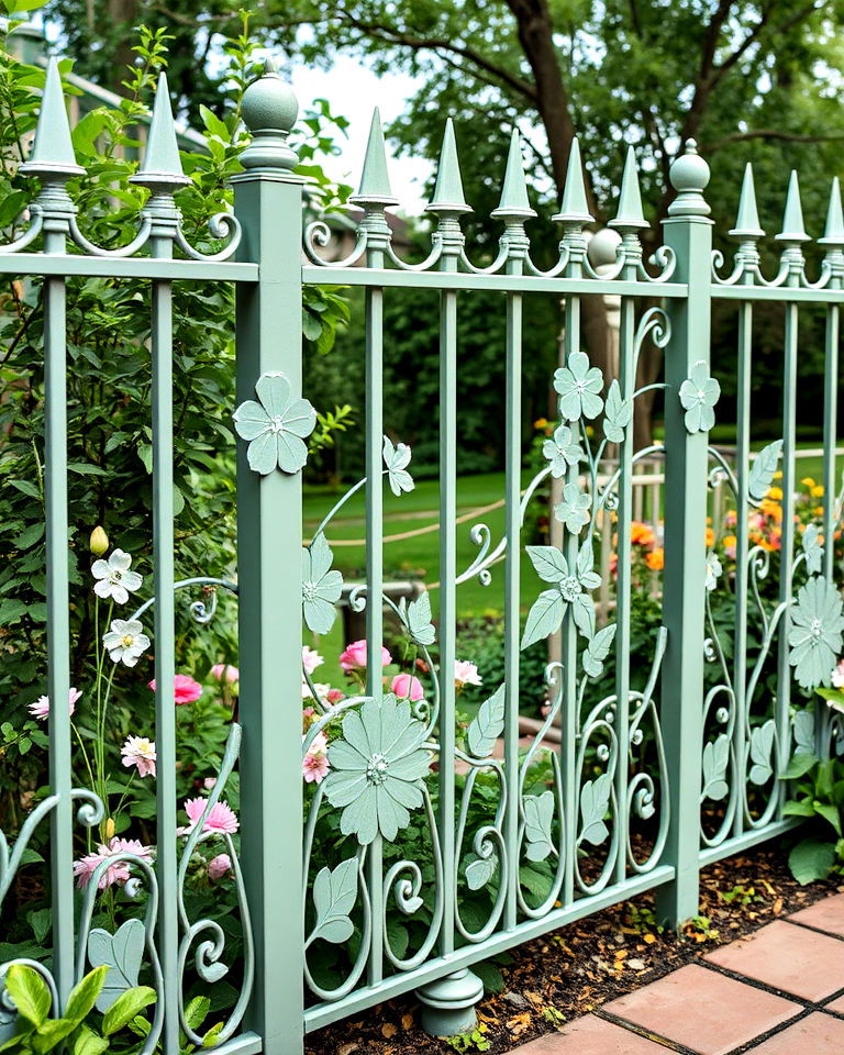 sage green metal fence with floral designs - 15 Sage Green Garden Fence Ideas