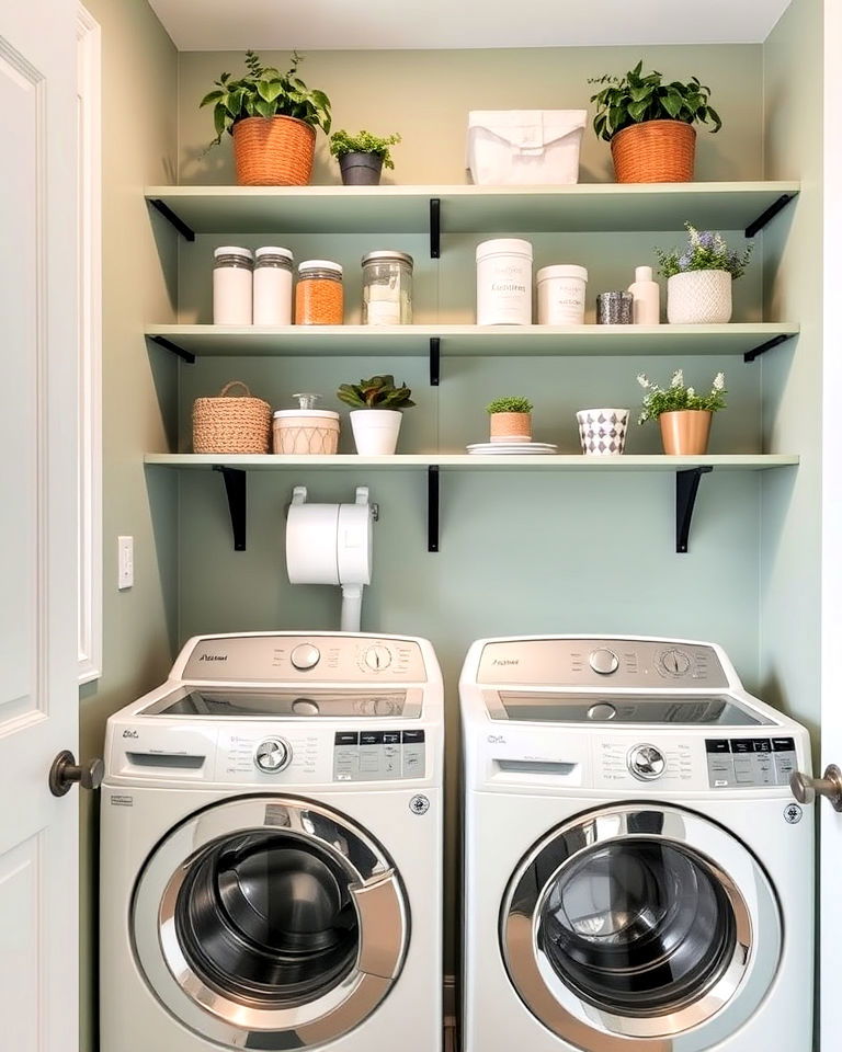 sage green open shelving for your laundry room - 20 Sage Green Laundry Room Ideas