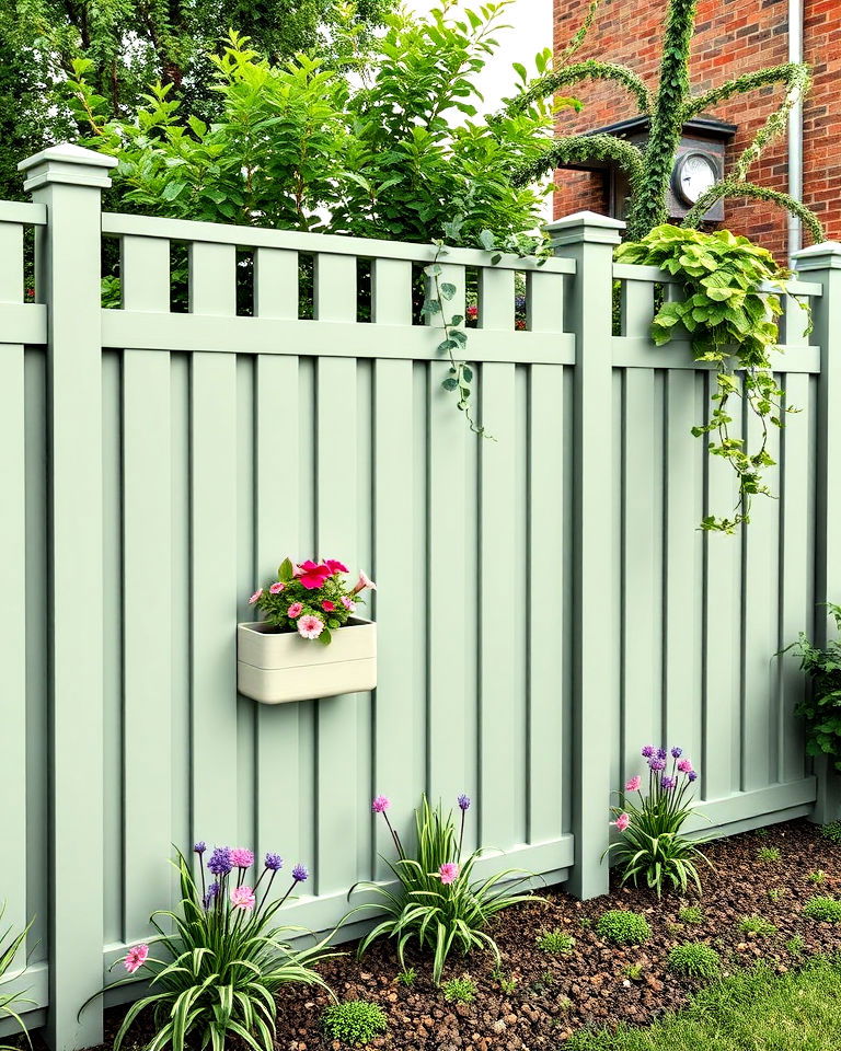 sage green panel fence with built in planters - 15 Sage Green Garden Fence Ideas