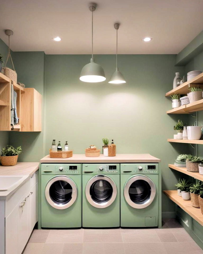 sage green pendant lighting in the laundry room - 20 Sage Green Laundry Room Ideas