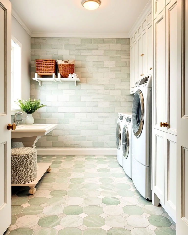 sage green tile flooring to ground your laundry room - 20 Sage Green Laundry Room Ideas