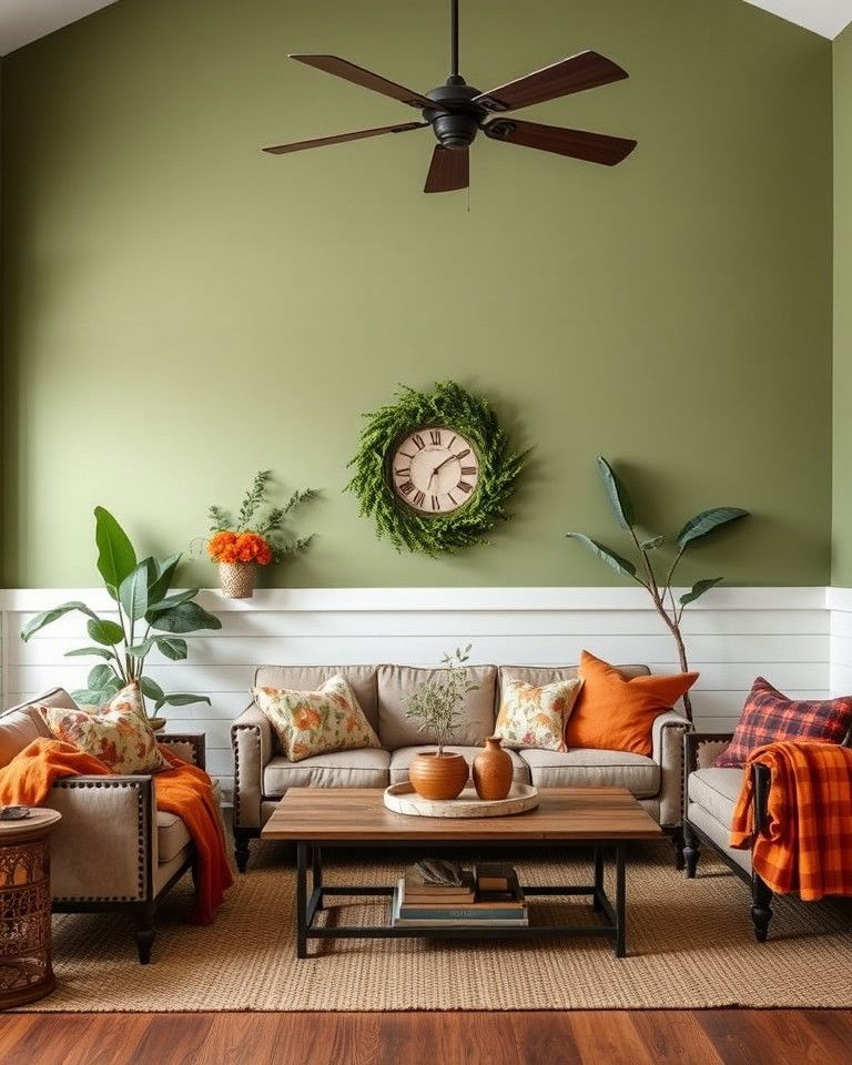 sage green walls with rust orange living room accessories - 25 Green and Orange Living Room Ideas