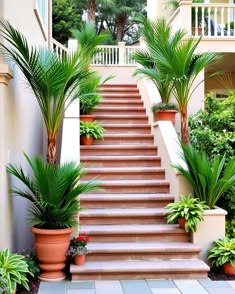 sago palms with accent plants for outdoor staircases - 15 Landscaping With Sago Palms