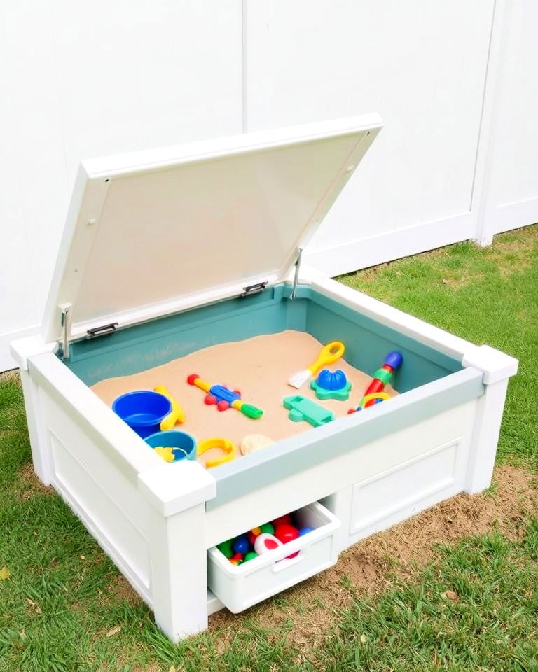 sandbox with hidden storage for kids - 25 Outdoor Toy Storage Ideas