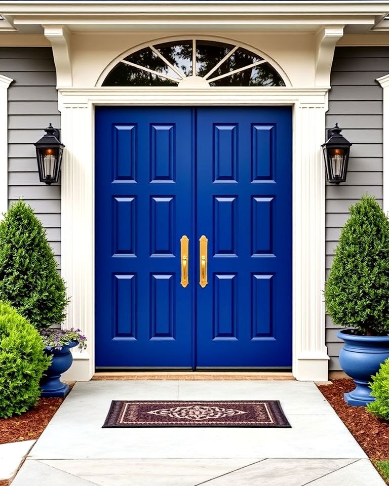 sapphire blue for classic elegance - 25 Grey House With Blue Door Ideas