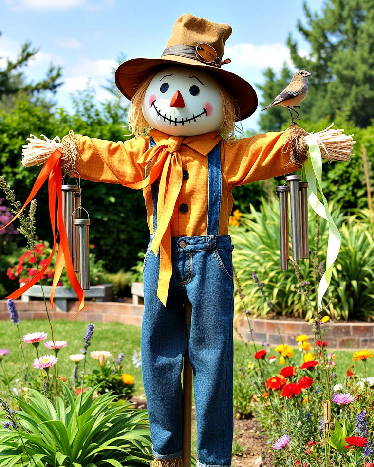 scarecrow with wind chimes - 15 Garden Scarecrow Ideas